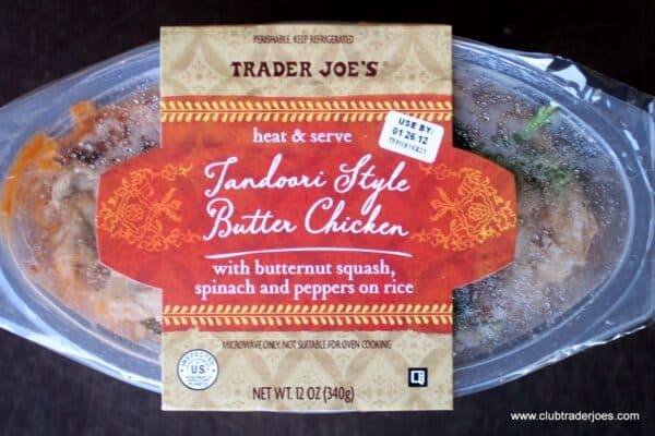 Trader Joe's Tandoori Style Butter Chicken with butternut squash, spinach and peppers on rice, in its package