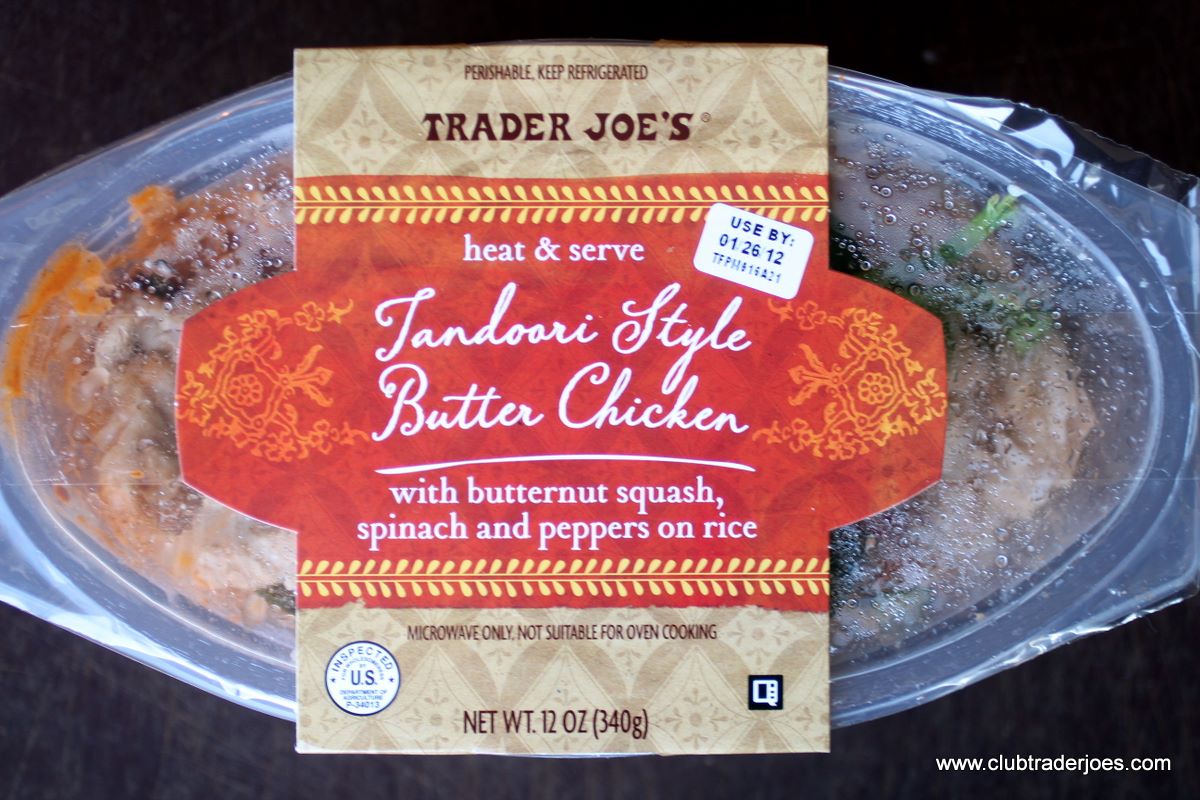 Trader Joe's Tandoori Style Butter Chicken with butternut squash, spinach and peppers on rice, in its package