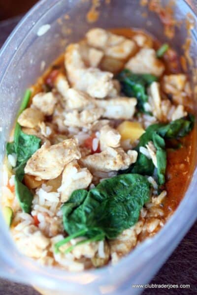 Trader Joe's Tandoori Style Butter Chicken with rice and spinach after heating
