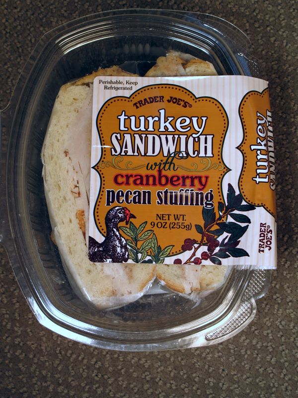 Trader Joe's Turkey Sandwich with Cranberry Pecan Stuffing in a plastic clamshell