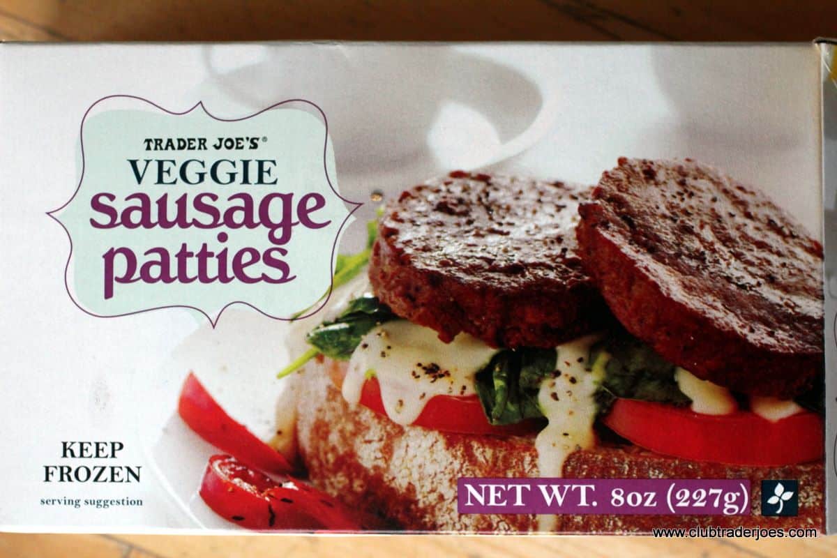 Box of Trader Joe's Veggie Sausage Patties, frozen