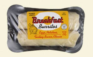 Trader Joe's Breakfast Burritos with eggs, potatoes, turkey bacon and cheese in their package