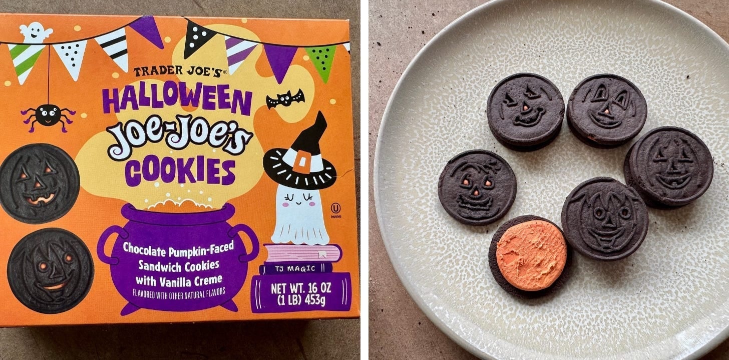 Box of Trader Joe's Halloween Joe-Joe's cookies next to pumpkin-faced cookies on a plate, one showing orange creme