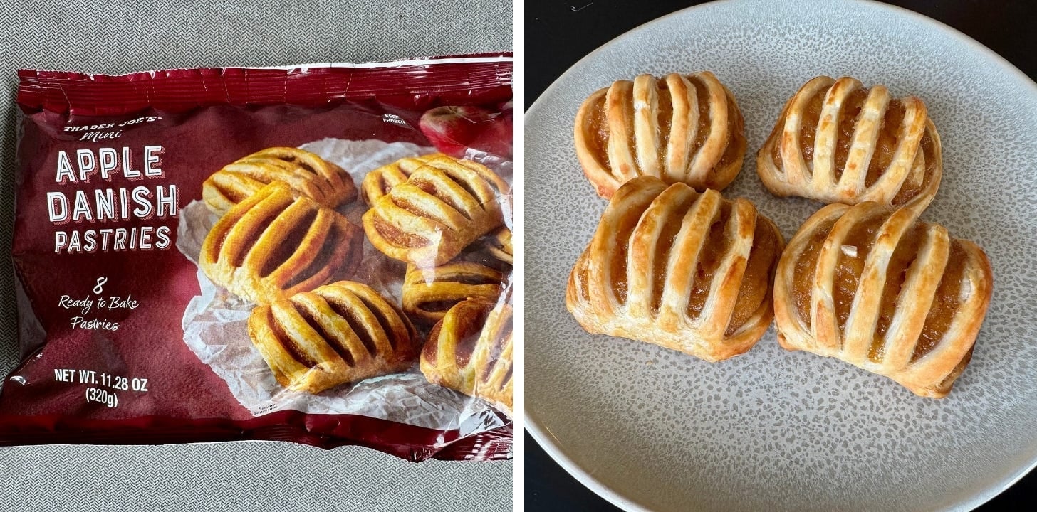 Bag of Trader Joe's Mini Apple Danish Pastries next to baked danishes on a plate