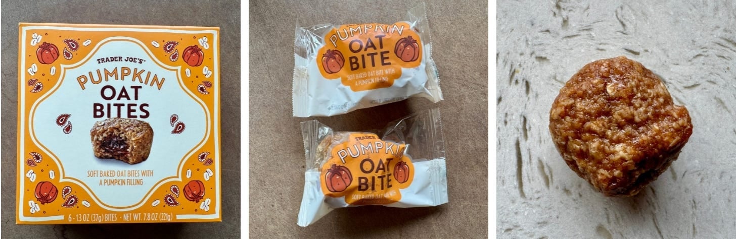 Box of Trader Joe's Pumpkin Oat Bites, two wrapped bites, and an unwrapped oat bite