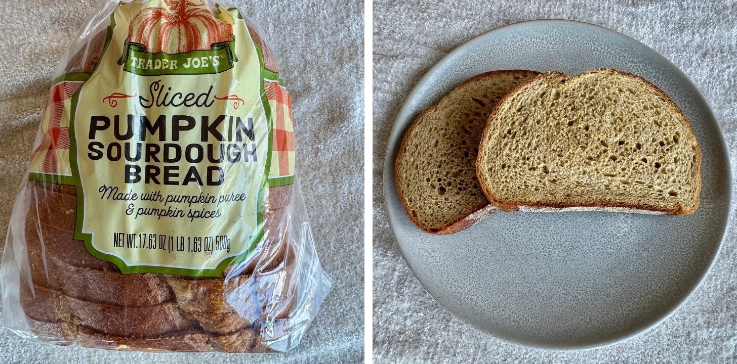 Bag of Trader Joe's Sliced Pumpkin Sourdough Bread next to two slices on a plate