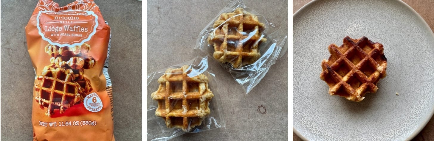 Bag of Trader Joe's Pumpkin Spice Brioche Liege Waffles, two wrapped waffles, and a waffle on a plate