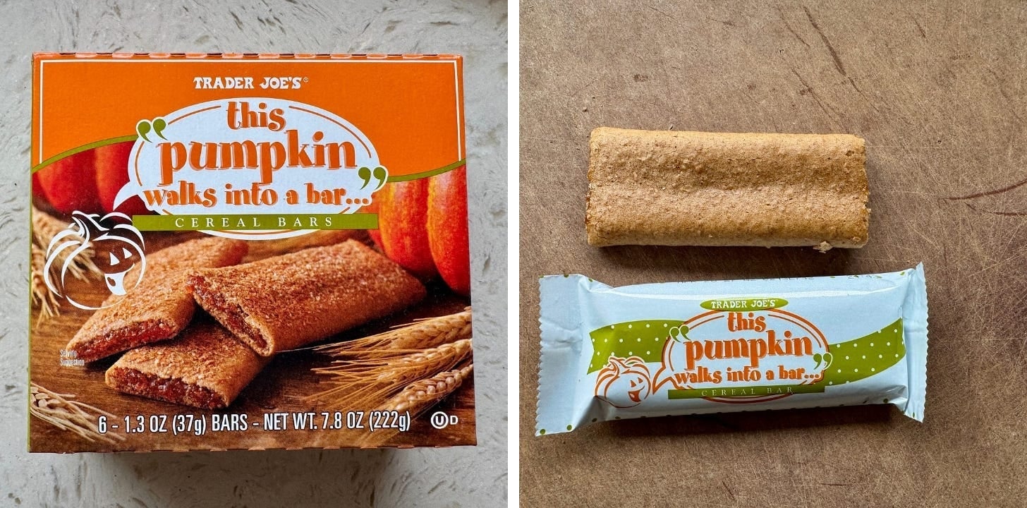 Box of Trader Joe's This Pumpkin Walks Into a Bar cereal bars next to an unwrapped and a wrapped bar