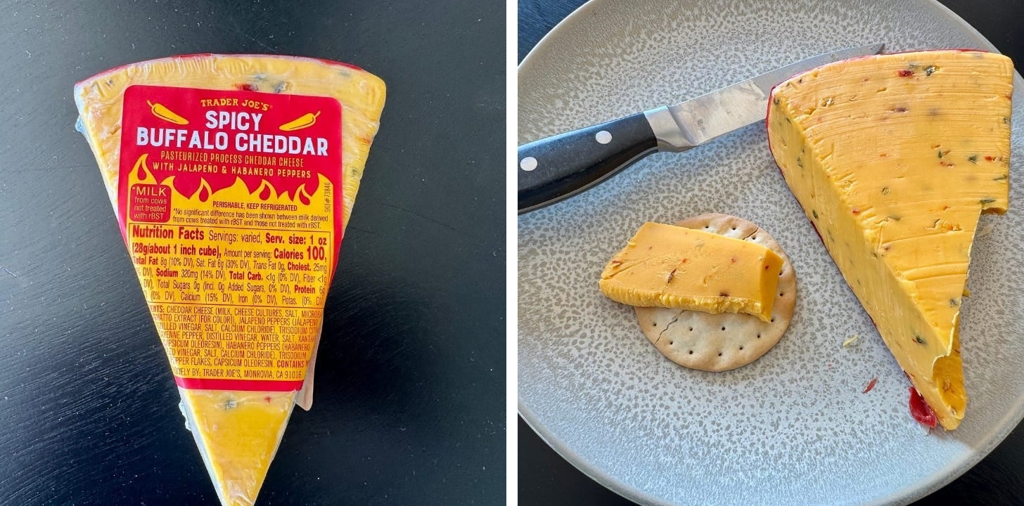 Wedge of Trader Joe's Spicy Buffalo Cheddar with jalapeno and habanero peppers next to a slice on a cracker